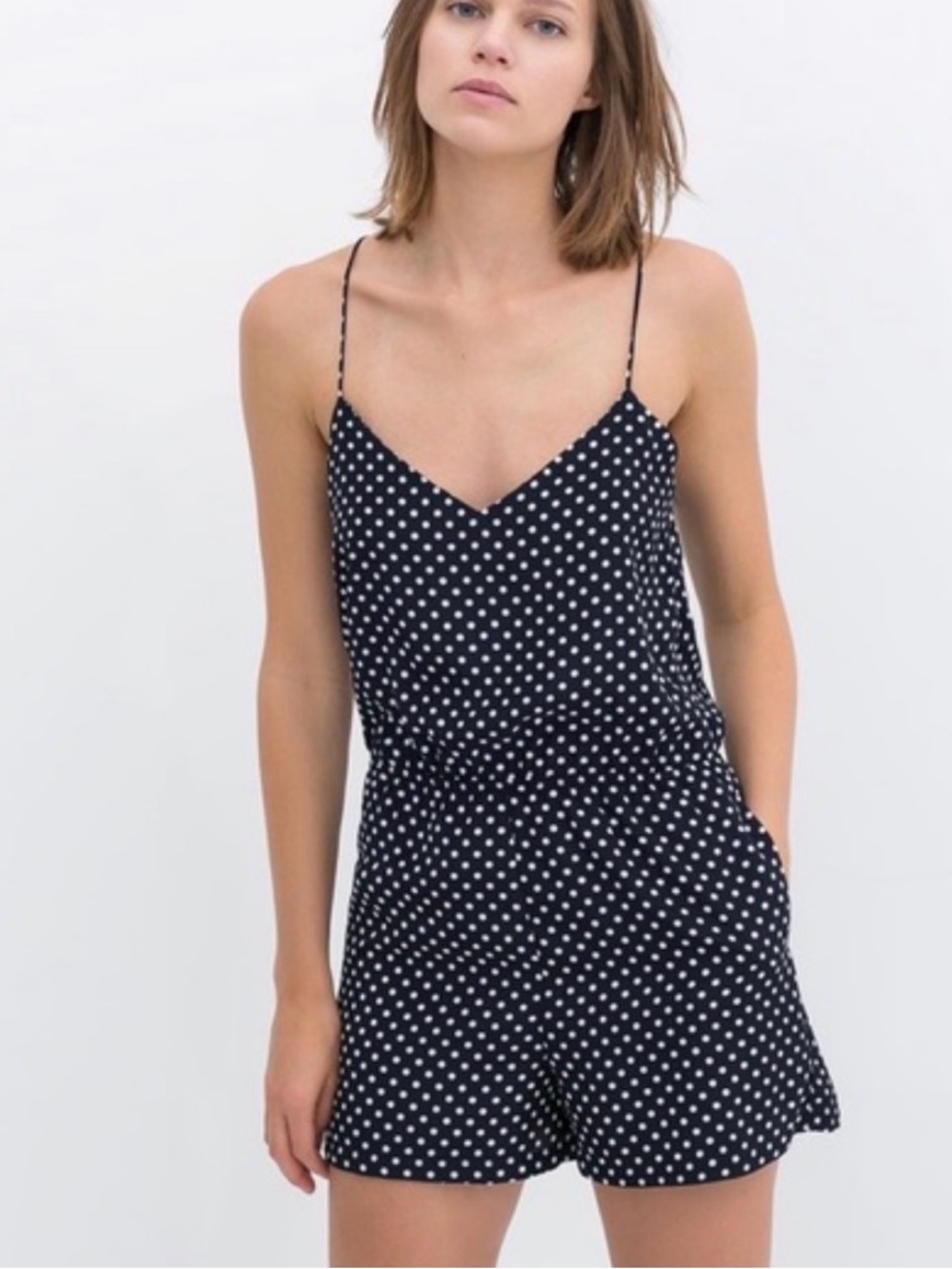 Zara Trafaluc Polka Dot Spaghetti Strap Romper In Navy And White
